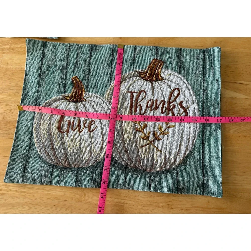 Set of 4 Give Thanks Pumpkin Fall Thanksgiving Fabric Placemats Teal